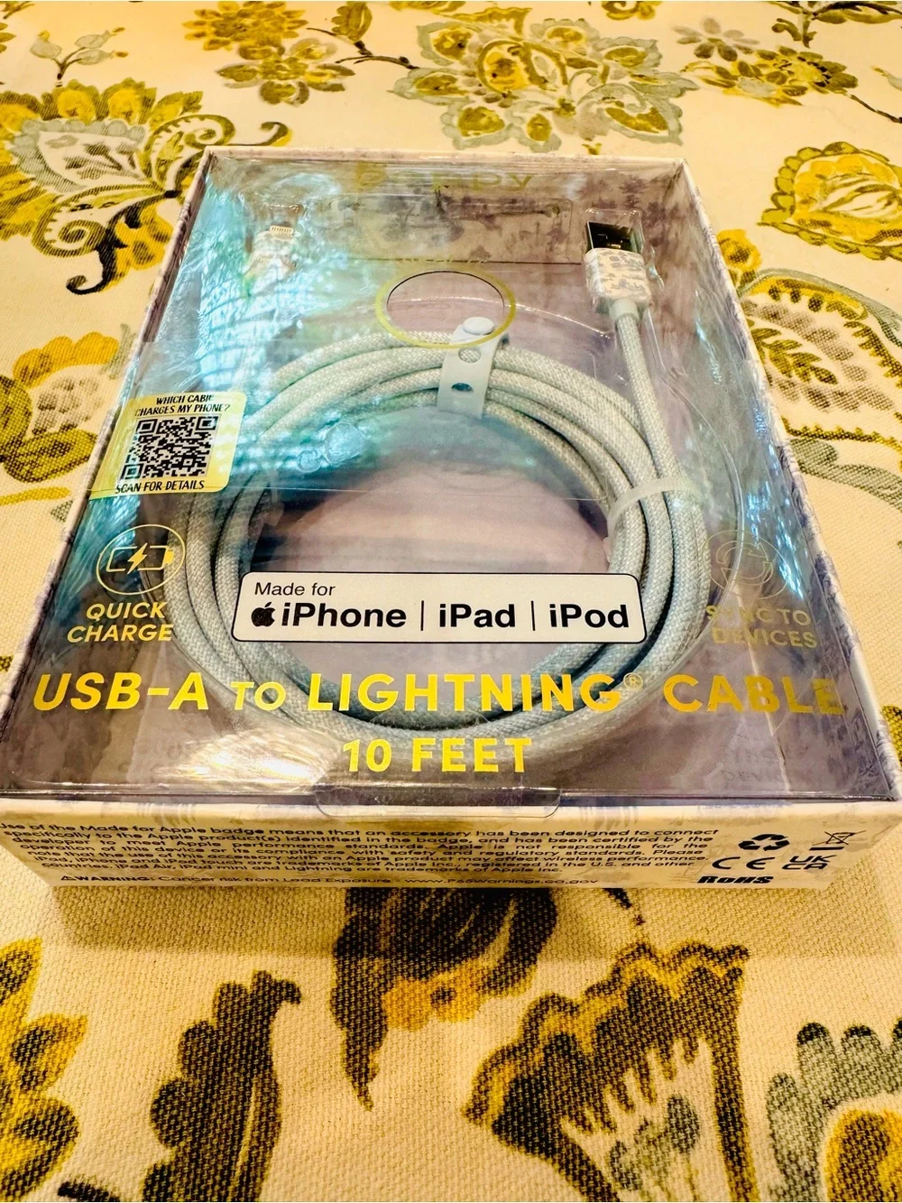 NIB🩶xo Poppy 10ft Light Blue USB-A to Lightning Braided Charging Cable - toile🩶